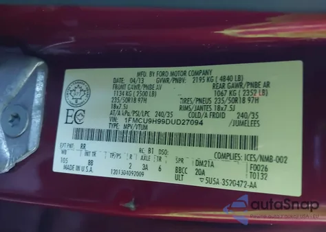 2013 Ford Escape Sel z USA, uszkodzony, nr VIN 1FMCU9H99DUD27094